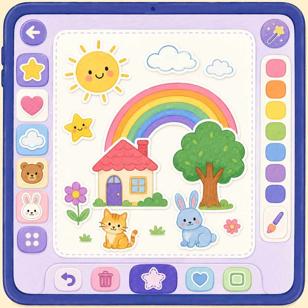 An illustrated mockup of WunderTrove's creative canvas with sticker tray