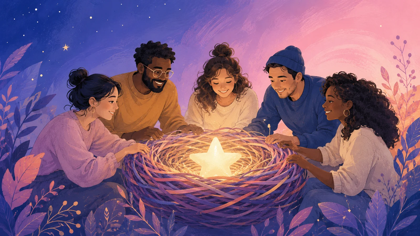 A diverse team gathered warmly around a stylized woven nest