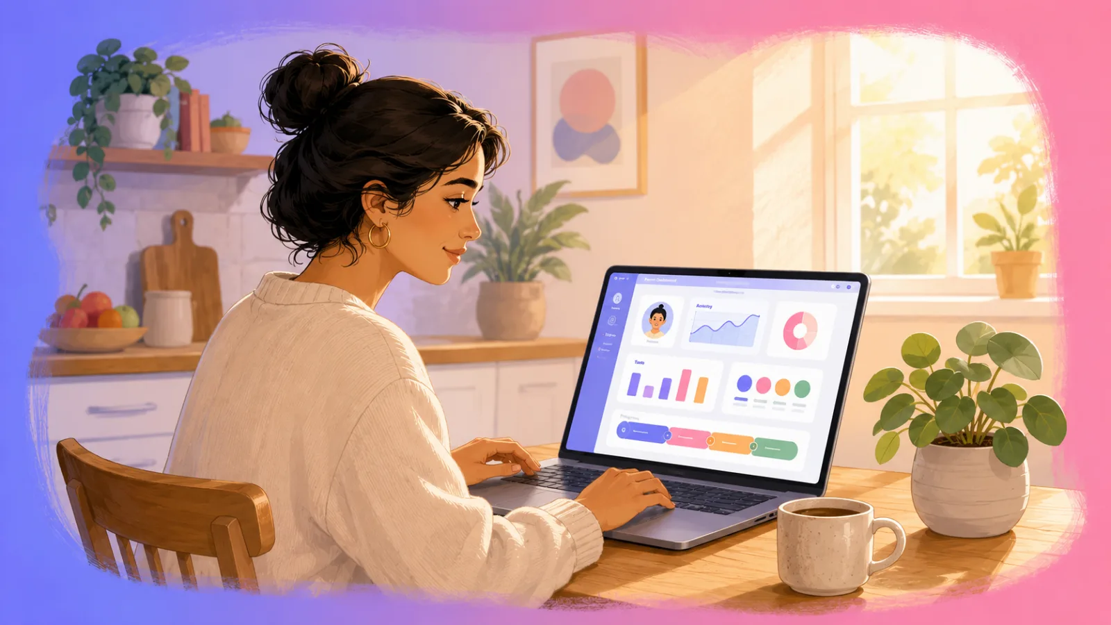 A focused parent reviewing child progress on a laptop at home