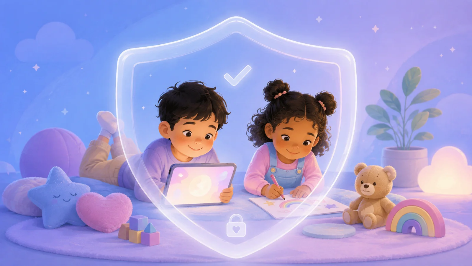 A protective shield over two children quietly reading and drawing